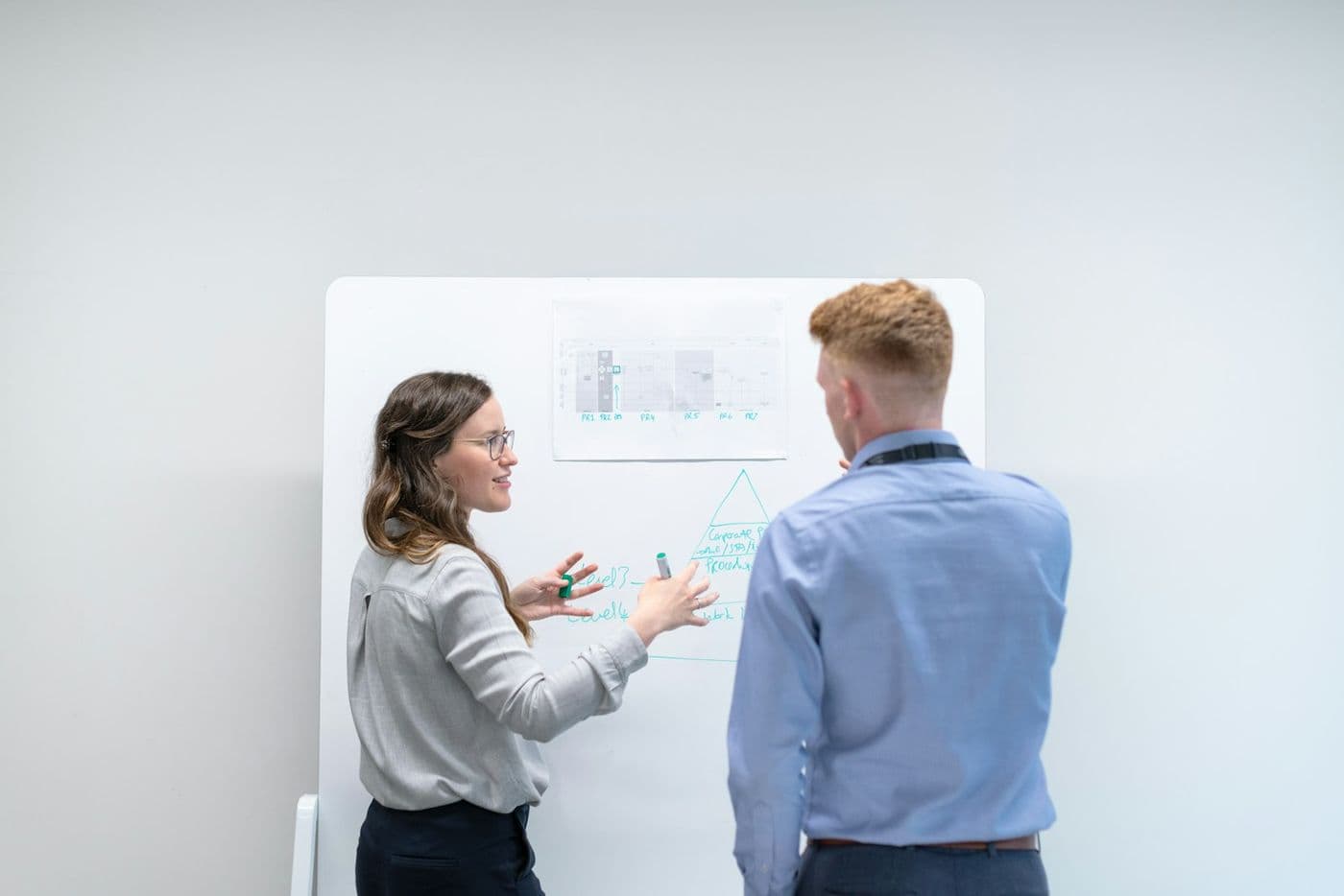 Two advisors planning a business structure at a whiteboard